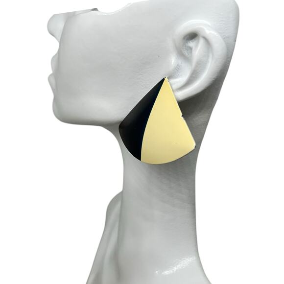 Geometric Two-Tone Cone Earring - Vintage Cream & Navy Statement Jewelry Pendant - Picture 4 of 8